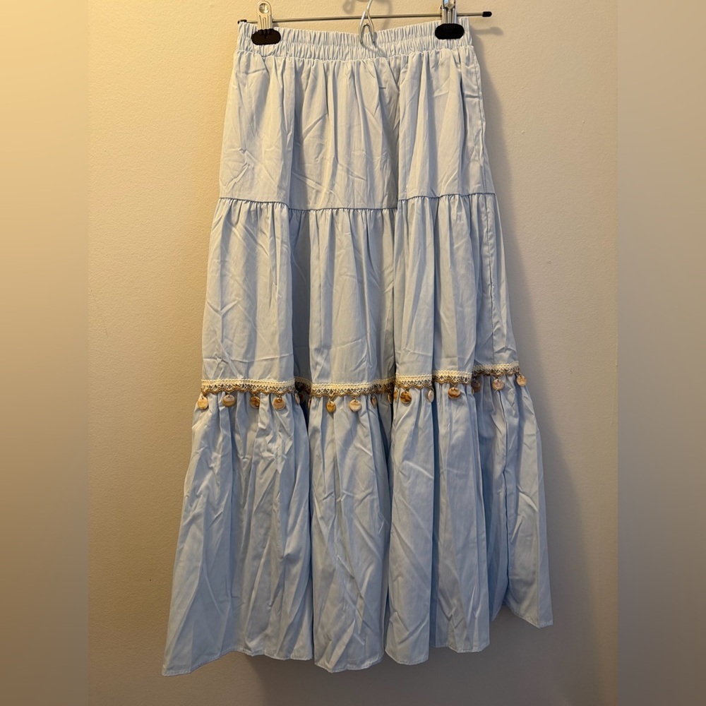 Elegant Blue Tiered Skirt with Lace Trim